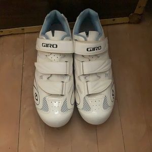 Giro cycling shoes with SPD cleats attached.